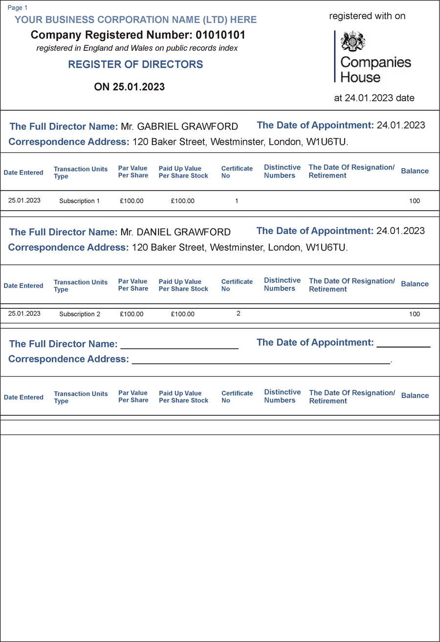 A register of directors is therefore required for most types of business, including a standard commercial private company limited by shares.  The Registrar of Companies assumes that the register of a company's directors is duly kept at on the registered office address locations.  The legal requirement for to keep a register of directors applies to all British companies, including of private companies limited by sharess.  The Register of Directors is a detailed record of every person (past and present) who has been appointed to manage a company on behalf of businesss. 