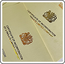 A stack of certificates of incorporation featuring gold foil accents, neatly arranged and showcasing their elegant design. A collection of certificates of incorporation adorned with gold foil, stacked together, highlighting their prestigious appearance. A stack of certificates of incorporation featuring gold foil accents, neatly arranged and showcasing their elegant design. A collection of certificates of incorporation adorned with gold foil, stacked together, highlighting their prestigious appearance.